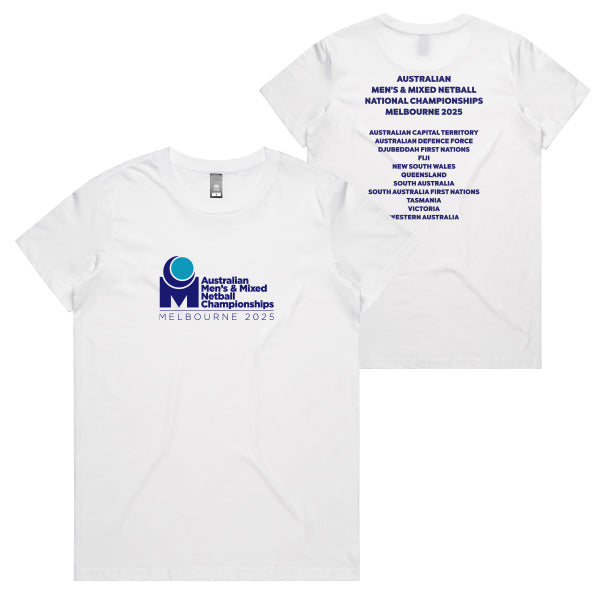 2025 Australian Men's & Mixed Netball Association National Champs Ladies Tee - White