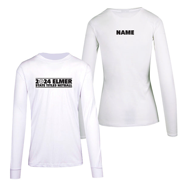 Elmer Netball Region State Titles Long Sleeve Tee Men with Custom Name - White