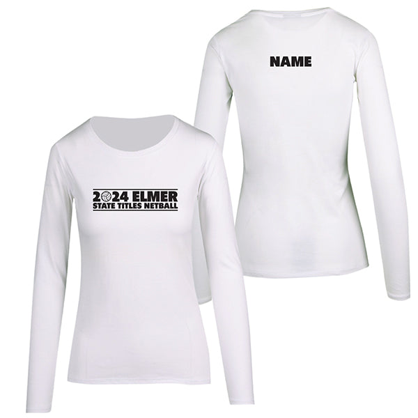Elmer Netball Region State Titles Long Sleeve Tee Women with Custom Name - White