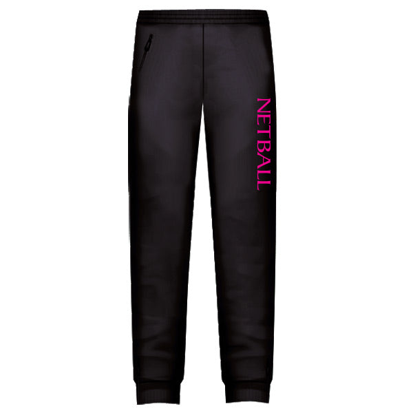 Netball Trackies Unisex - Black with Pink Text
